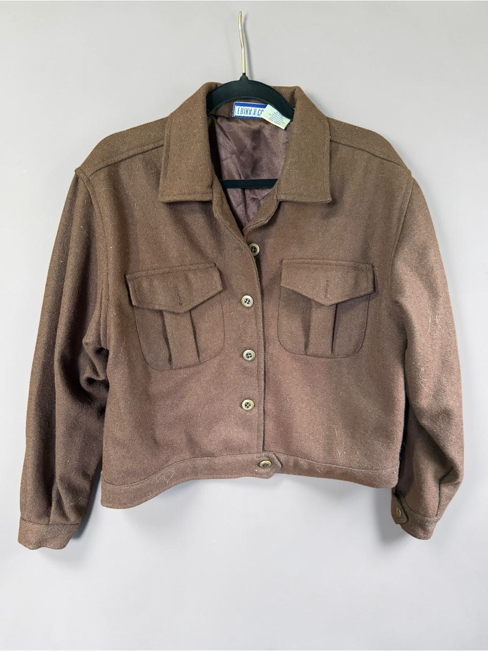 Erika & Co Vintage Brown Wool Cropped Jacket Womens Utility Shacket Pocket Large